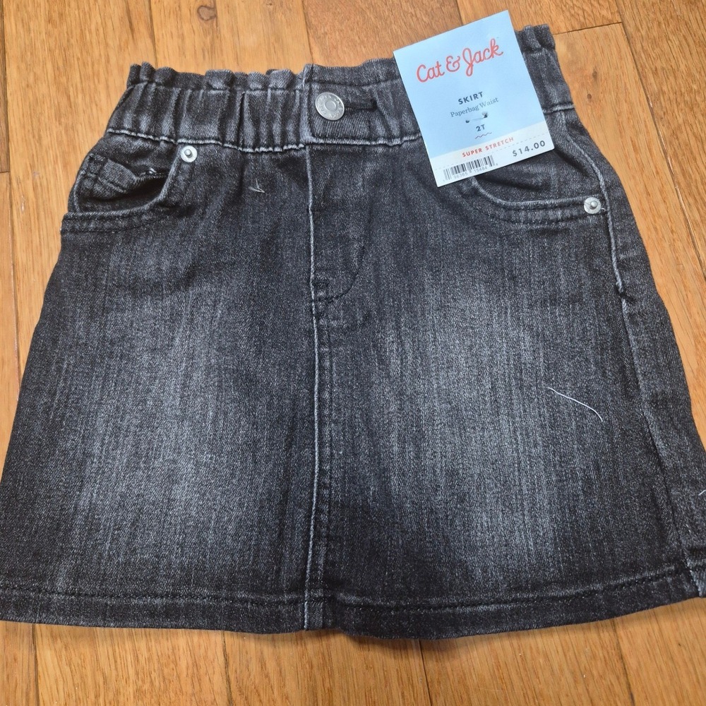 Cat & Jack Toddler Girls Paperbag Waist Denim Skirt Black Super Stretch 2T NWT